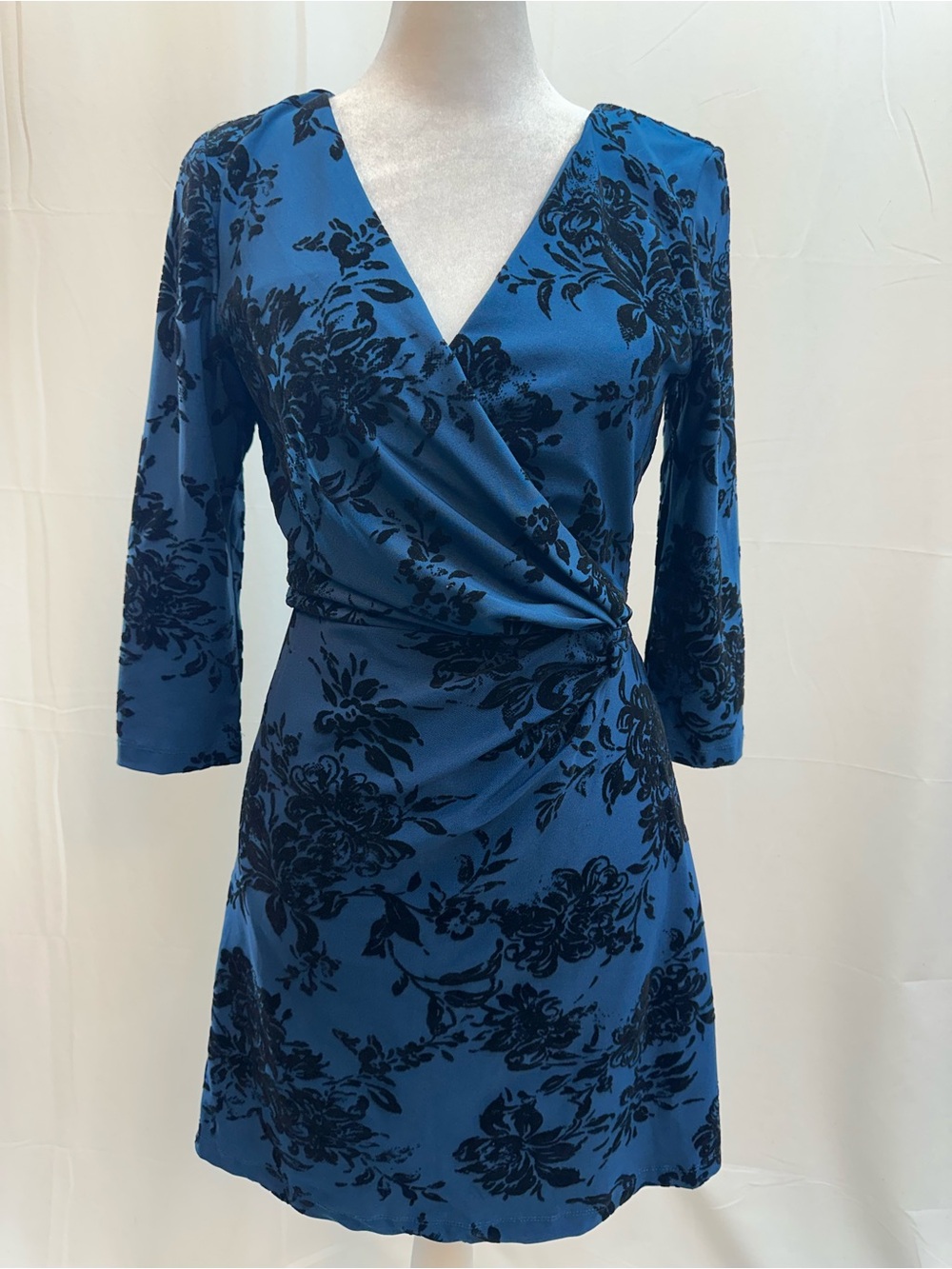 Alya Blue Wrap Front Mini Dress with velvet Black Floral Detail XXS